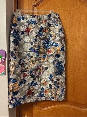J. Crew Silver Floral Pencil Skirt with Blue and Gold Accents
